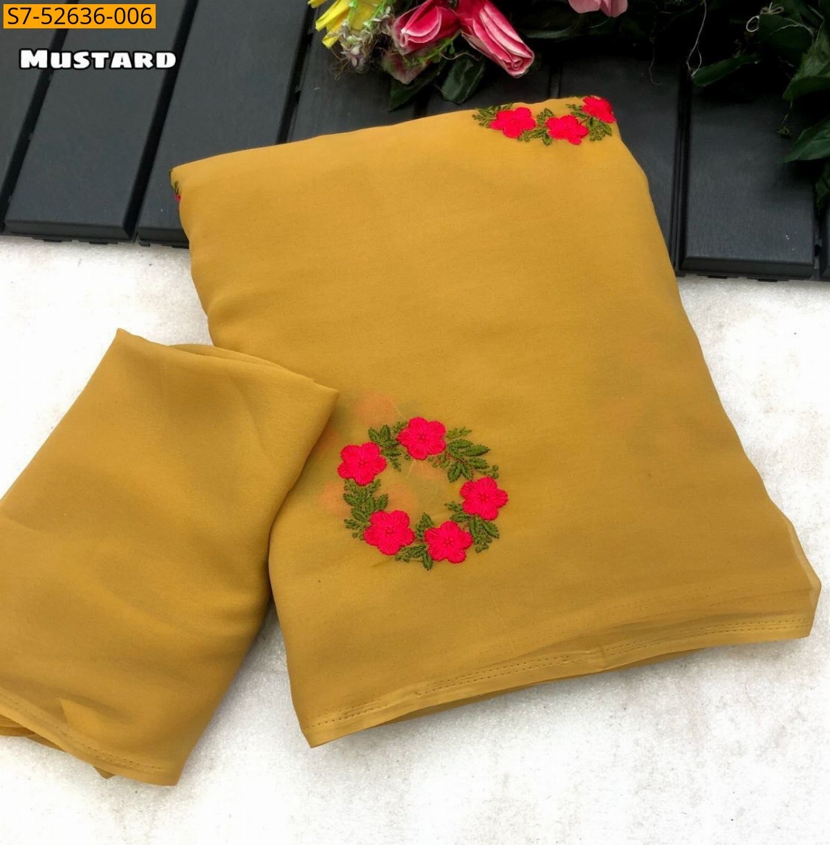 Mustard Faux georgette embroidery saree