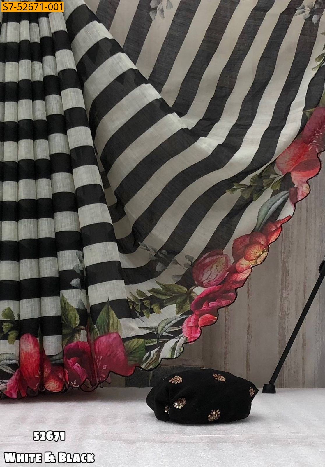 White and Black Fancy Soft linen digital print sarees