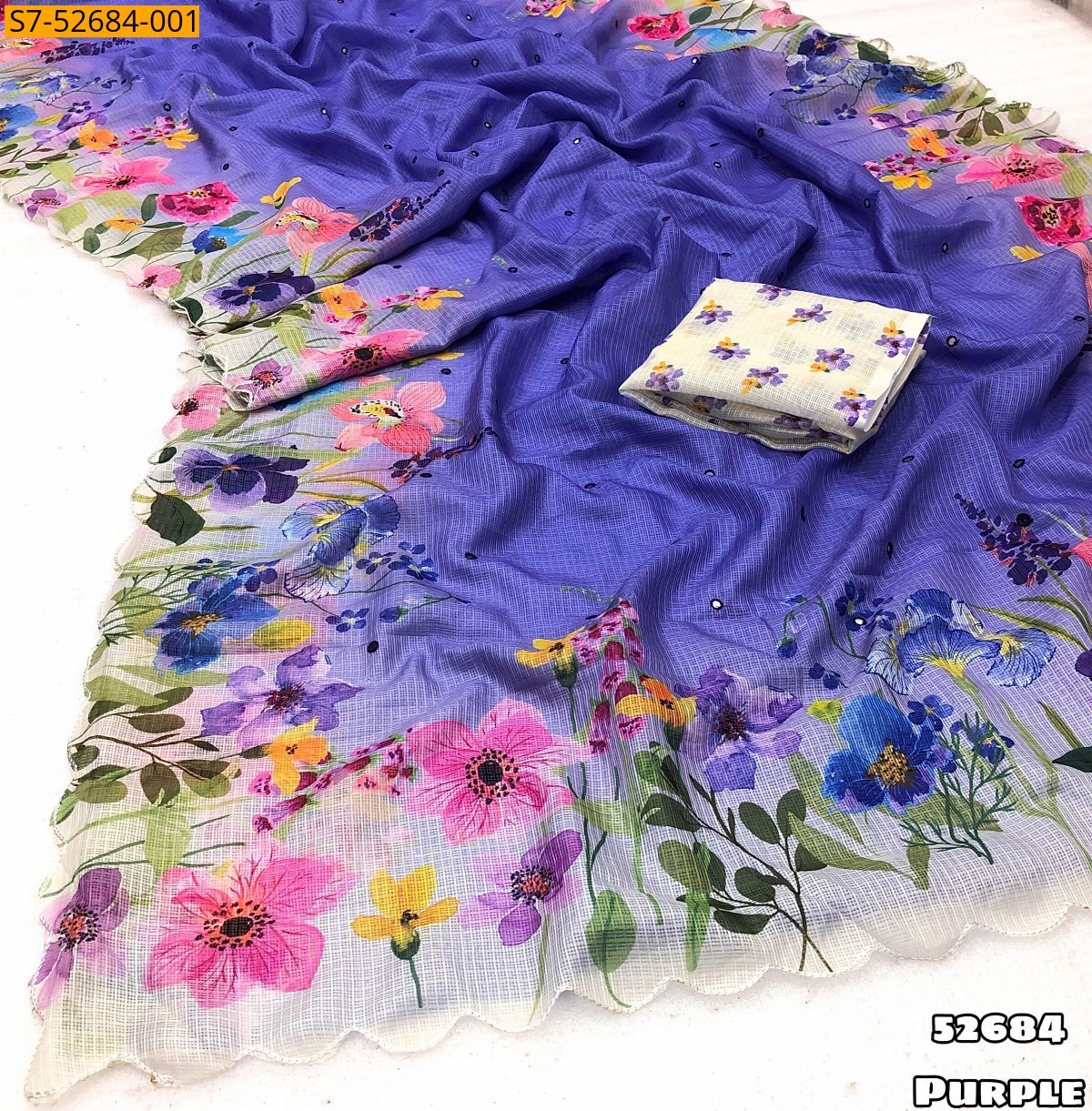 Sky blue Fancy kota checked  printed saree