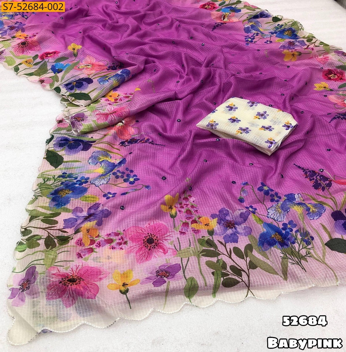 Baby pink Fancy kota checked  printed saree
