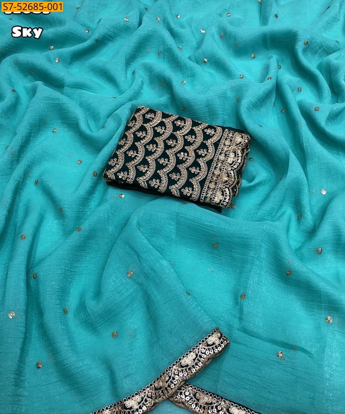 Sky blue Fancy  Crunchy crush Embroidery Saree