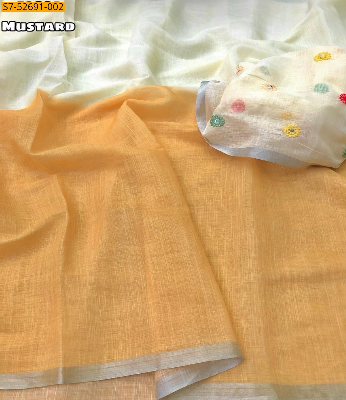 Musterd Yellow Fancy Soft Linen Digital Printed Saree