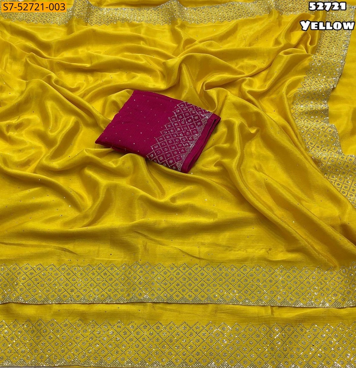 Yellow Soft chinnon silk siroski work saree