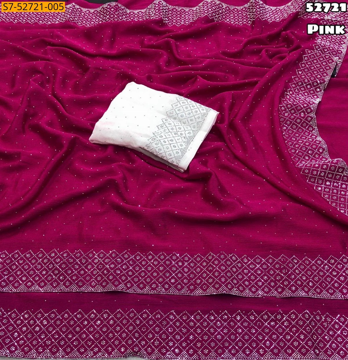 Pink Soft chinnon silk siroski work saree