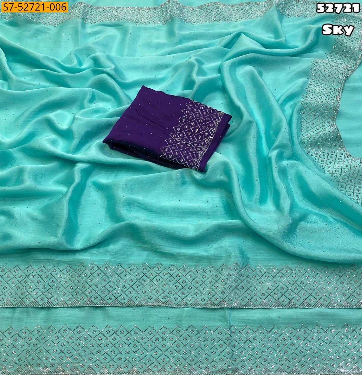 Sky blue Soft chinnon silk siroski work saree