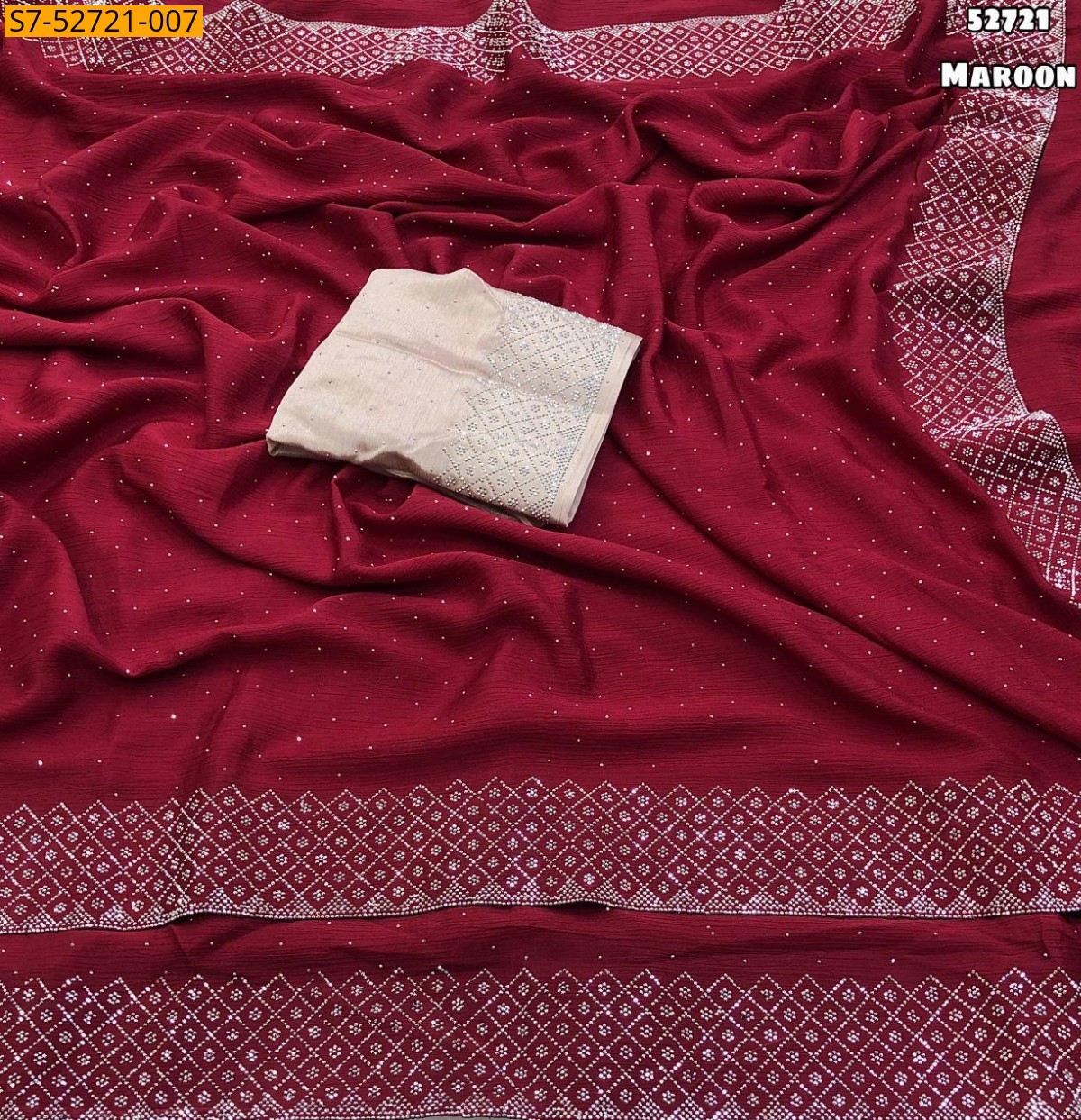 Maroon Soft chinnon silk siroski work saree