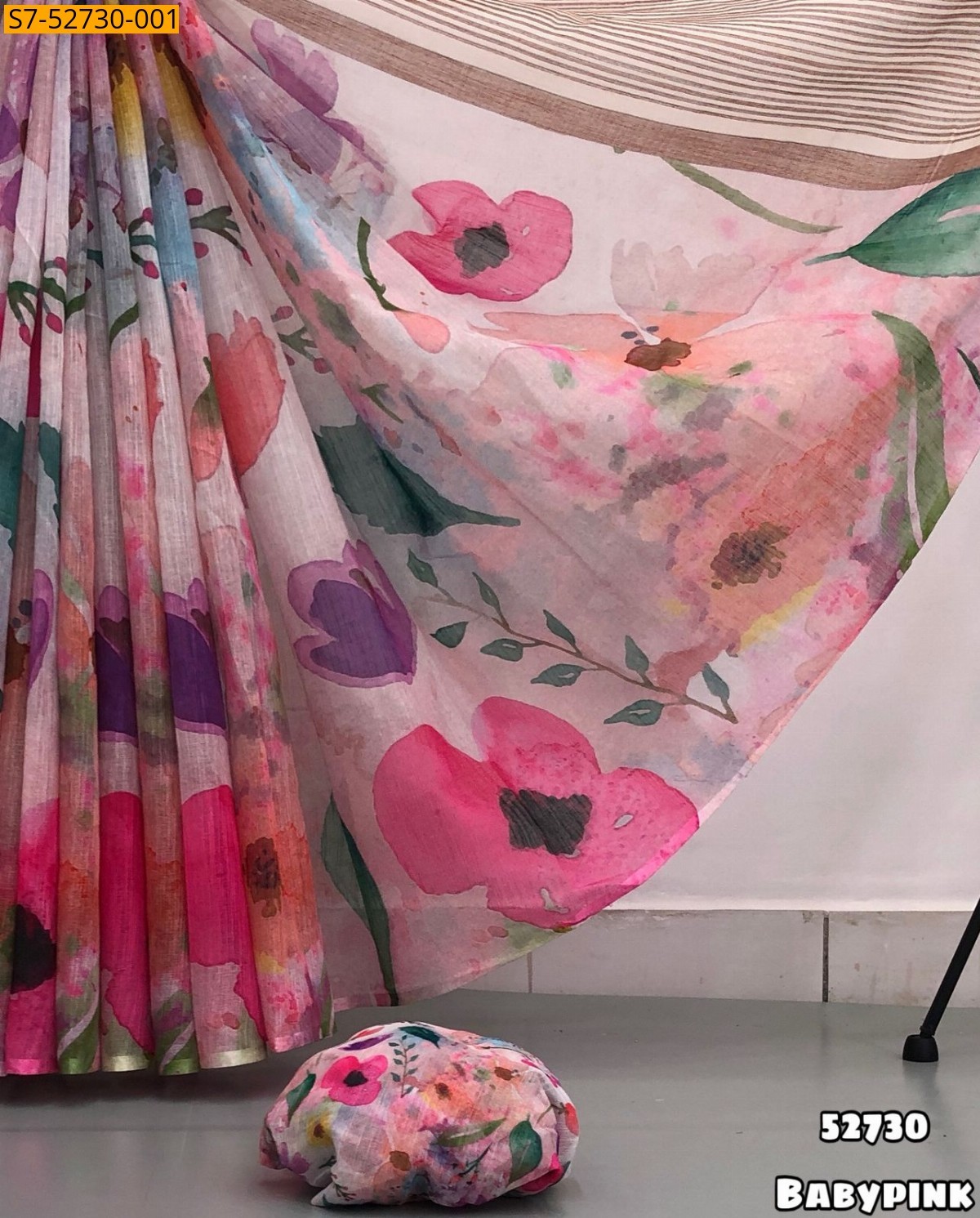 Baby pink Fancy Soft linen printed saree