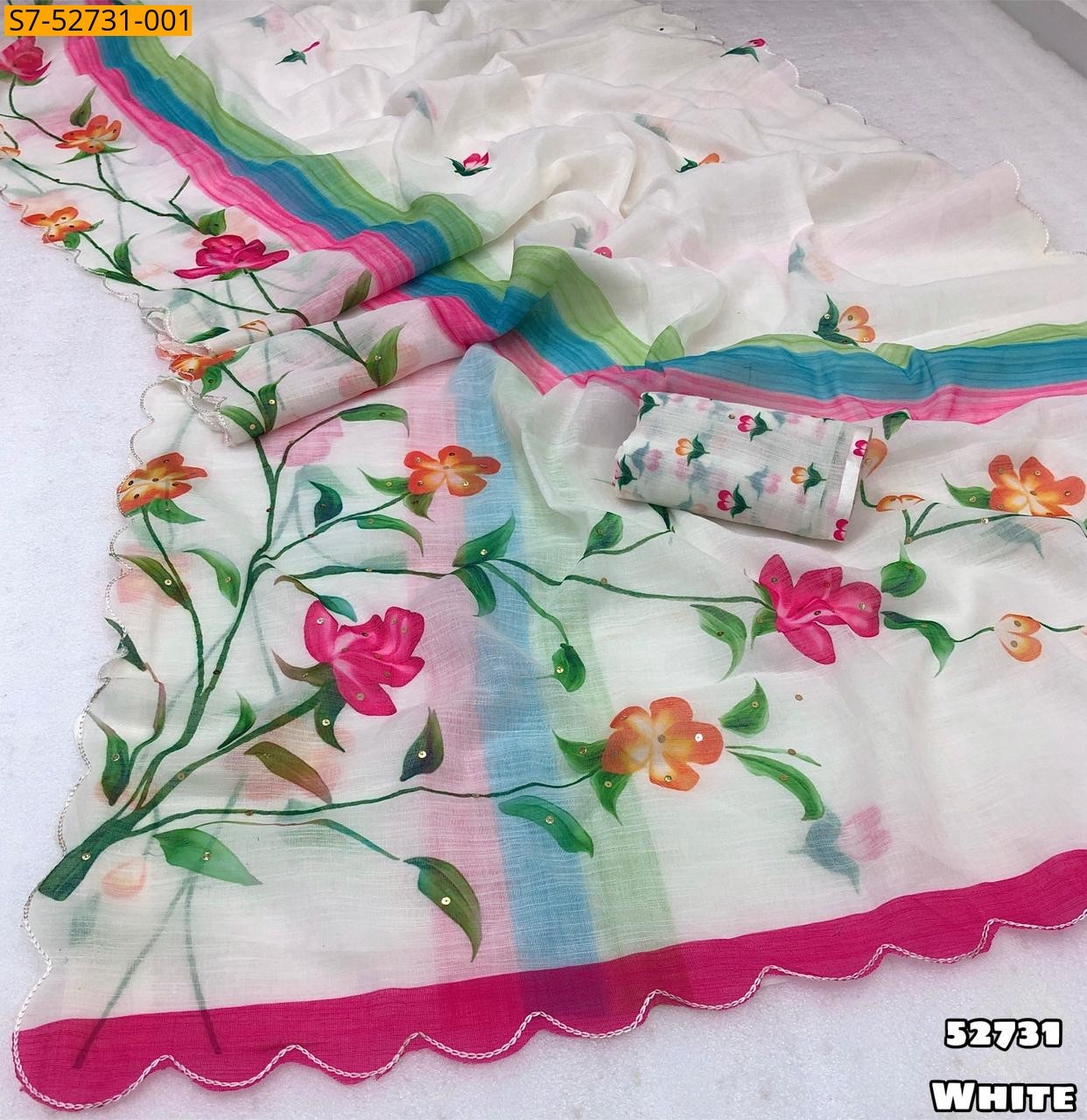 White Fancy Soft linen printed saree