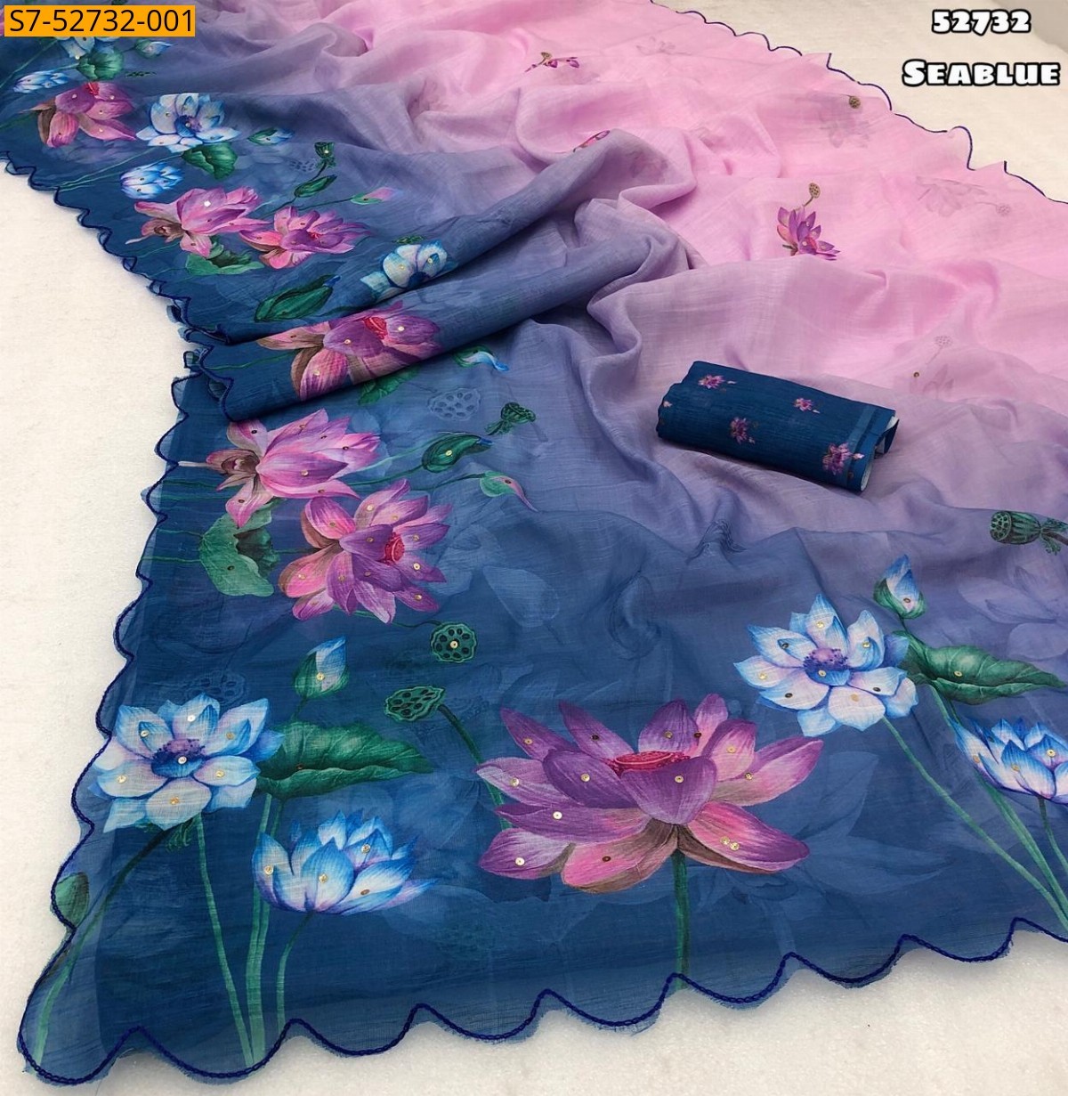 Sea blue Soft linen printed sarees