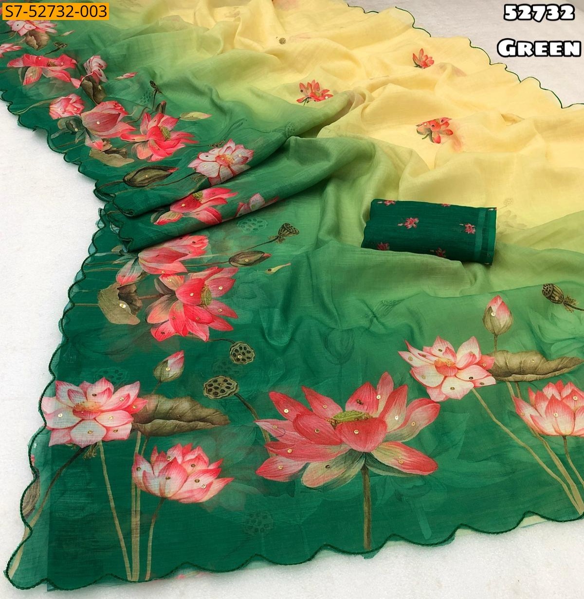 Green Soft linen printed sarees