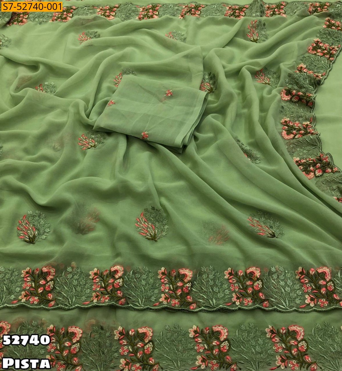 Pista green Faux Georgette Floral Embroidery Saree