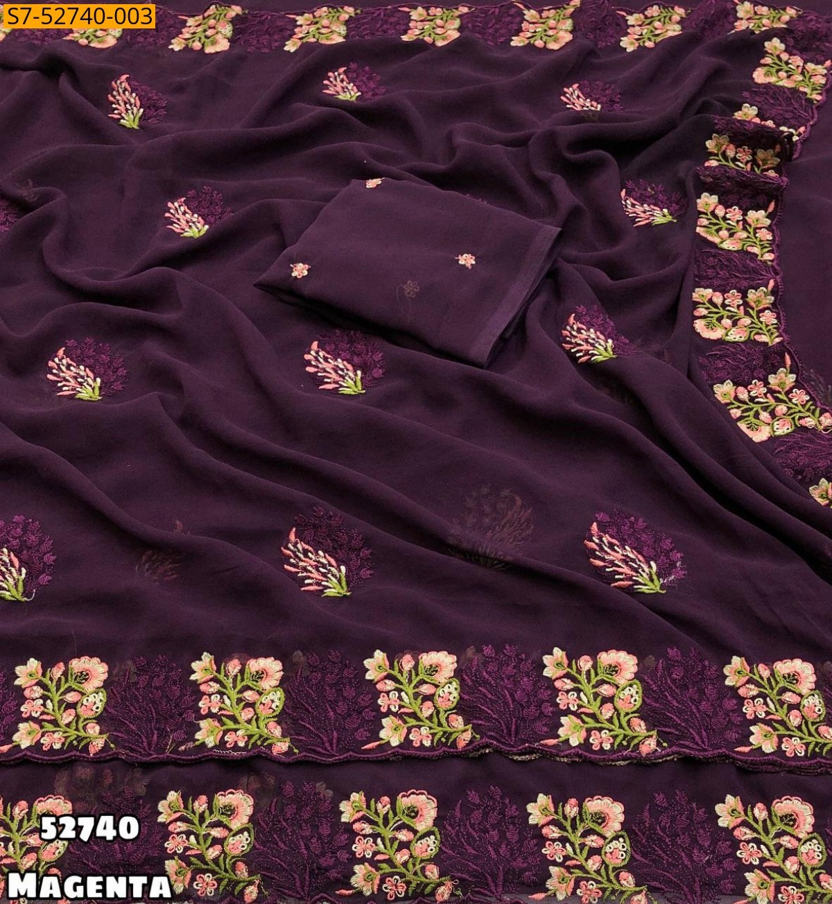 Magenta Faux Georgette Floral Embroidery Saree