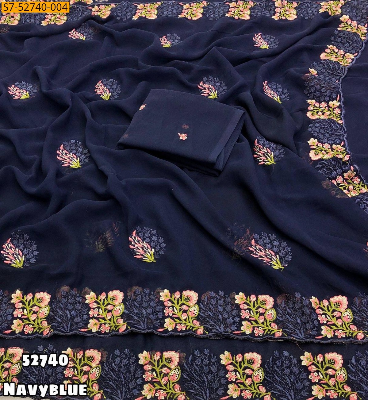 Navy blue Faux Georgette Floral Embroidery Saree