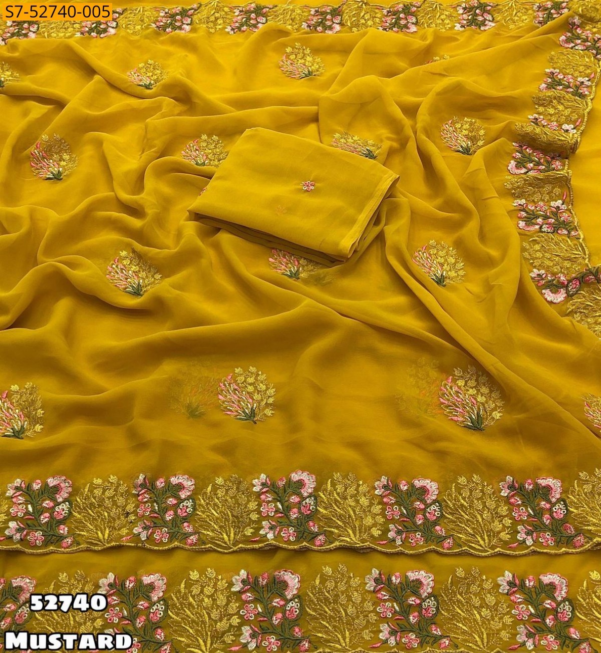 Mustard Faux Georgette Floral Embroidery Saree