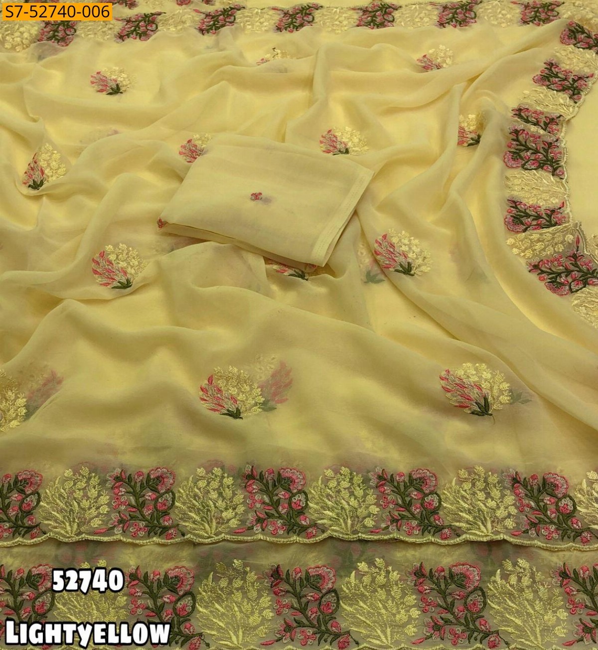 Light yellow Faux Georgette Floral Embroidery Saree