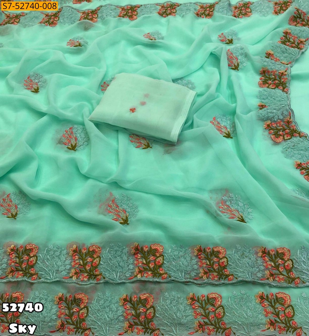 Sky blue Faux Georgette Floral Embroidery Saree