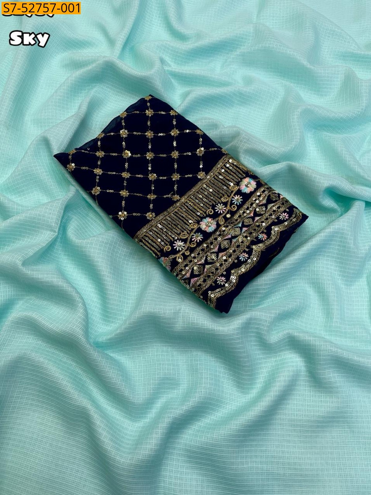 Sky blue Fancy Kota checks plain saree