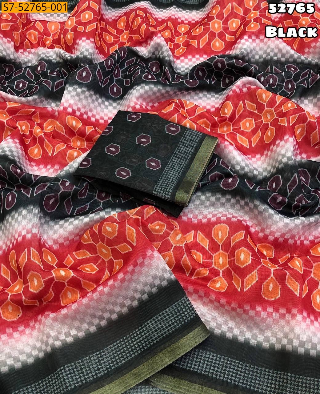 Soft Chenderi Ikkat Saree - Black