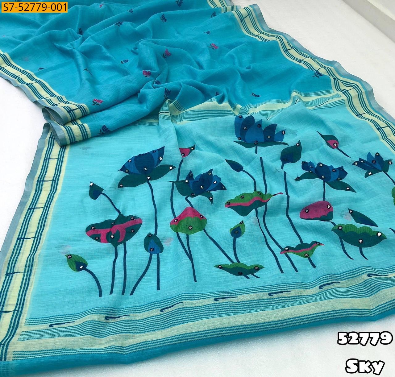 Sky Blue Fancy Soft linen paithani design sarees