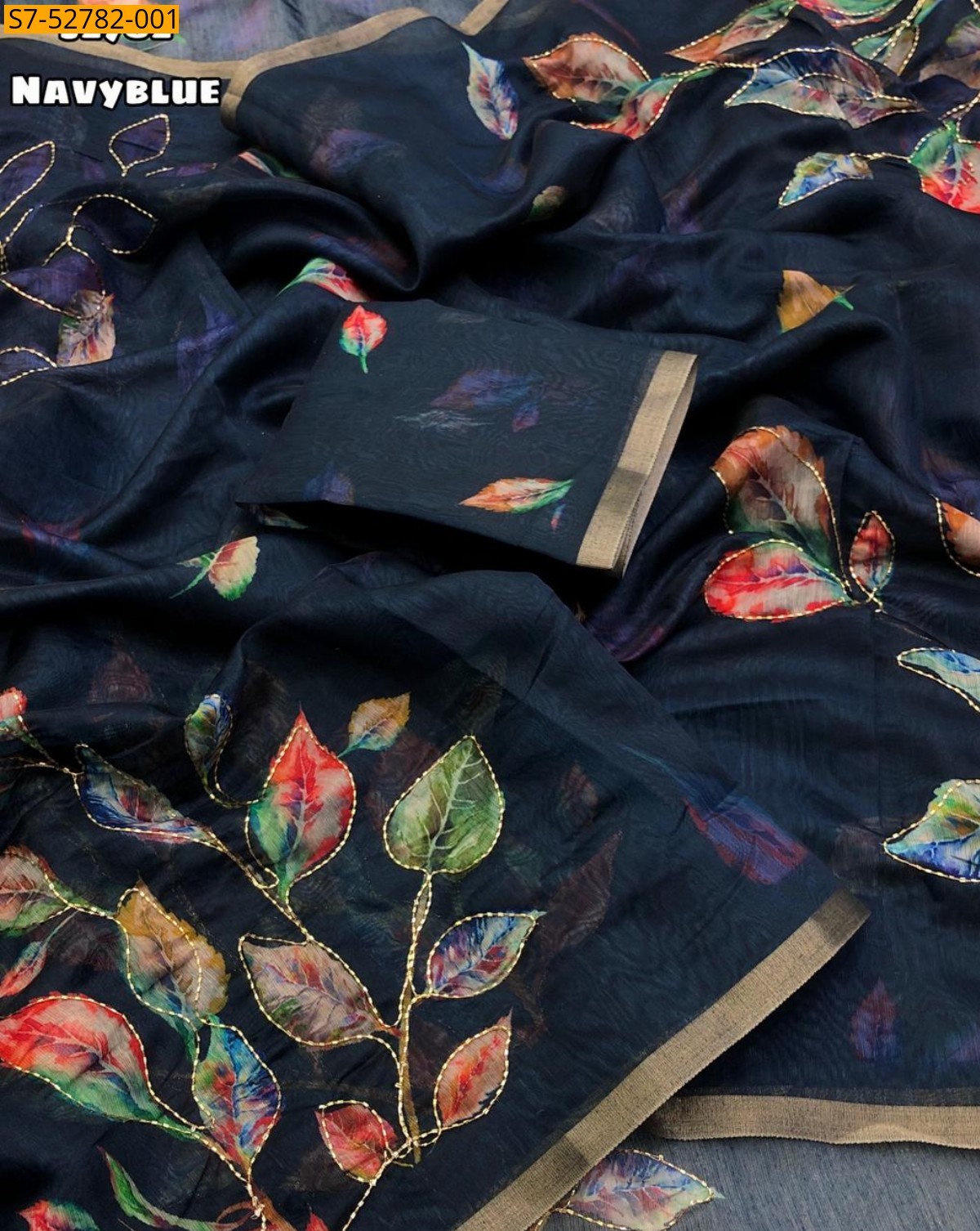 Navy blue Soft chenderi leaf design saree