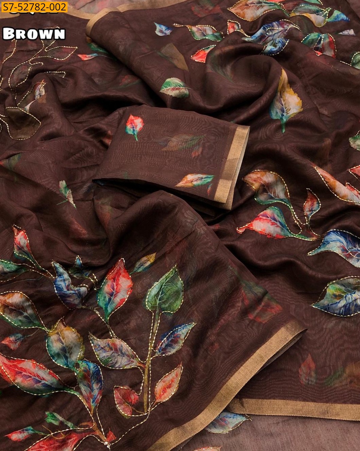 Brown Soft chenderi leaf design saree