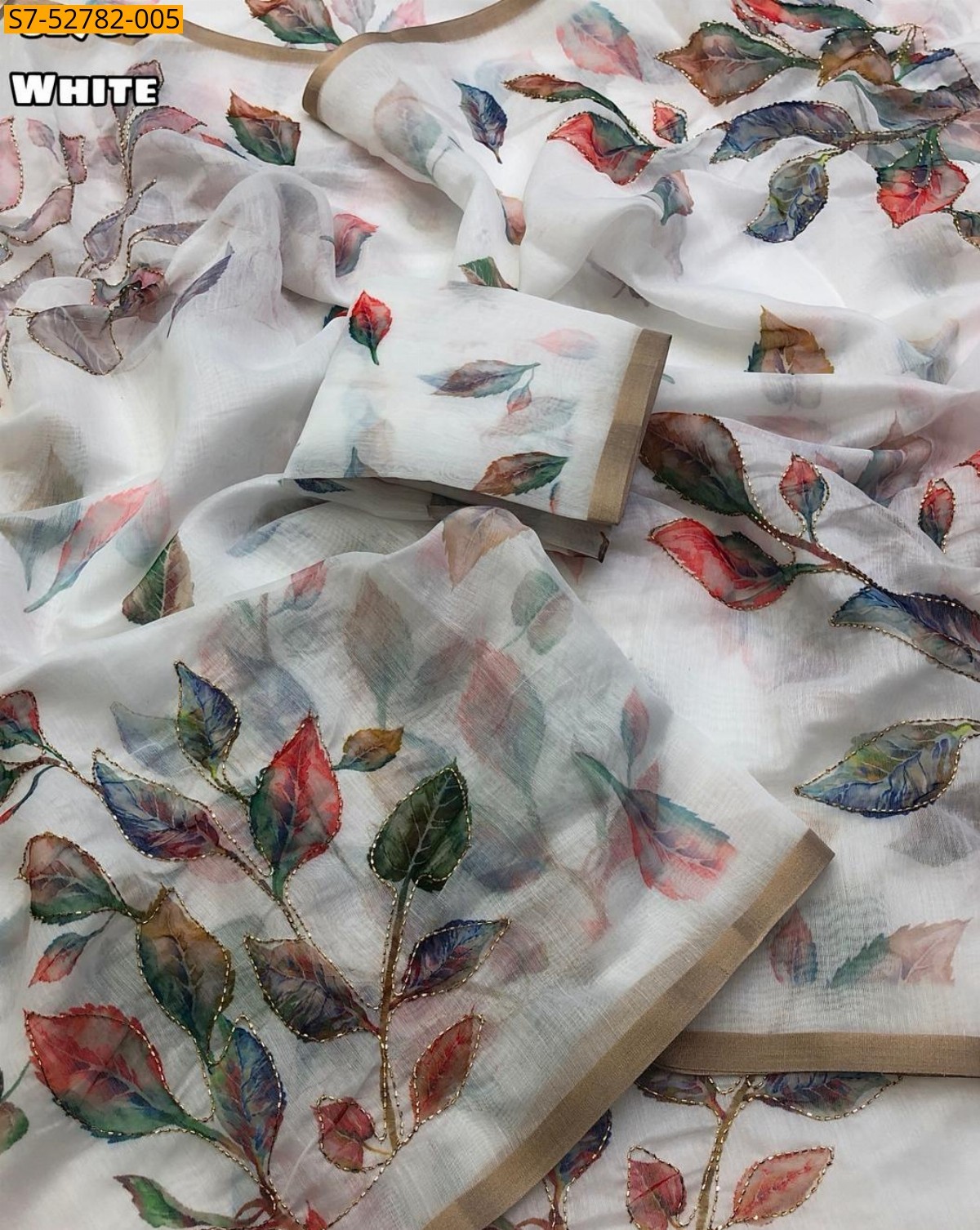 White Soft chenderi leaf design saree