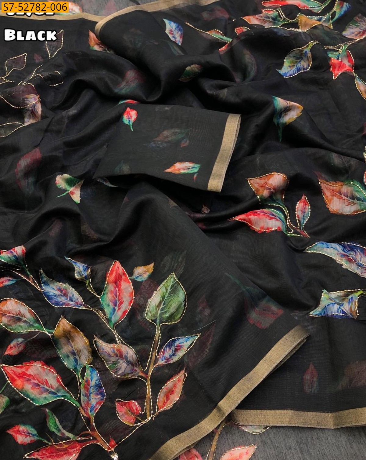 Black Soft chenderi leaf design saree