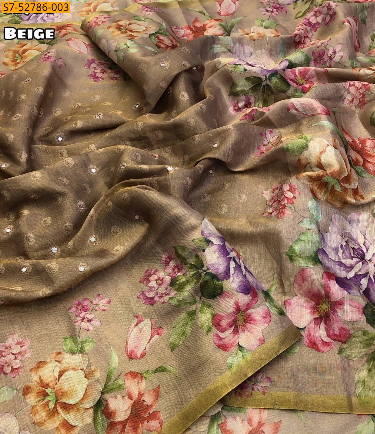 Beige Erode Tissue Silk Floral Print Saree