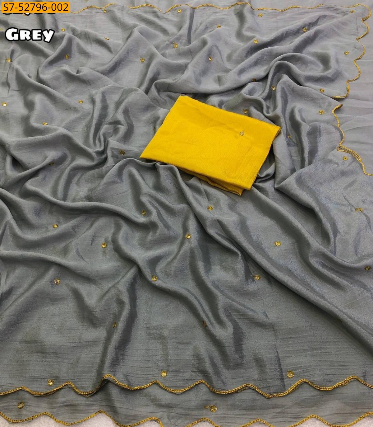 Grey Soft Chinnon embroidery Sarees