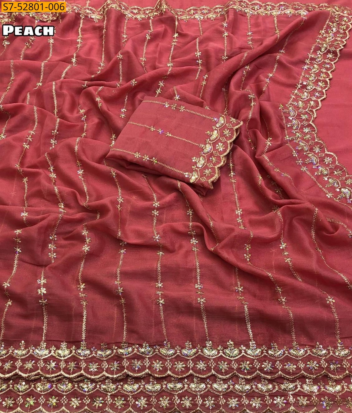 Peach Star georgette embroidery saree