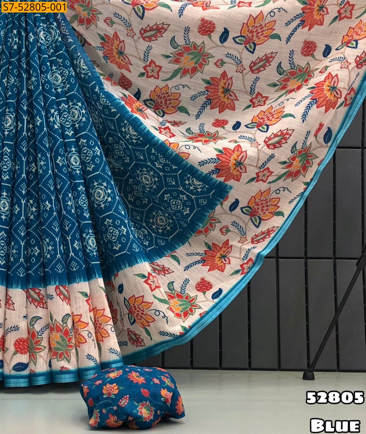 Blue Fancy Soft linen patola design Saree
