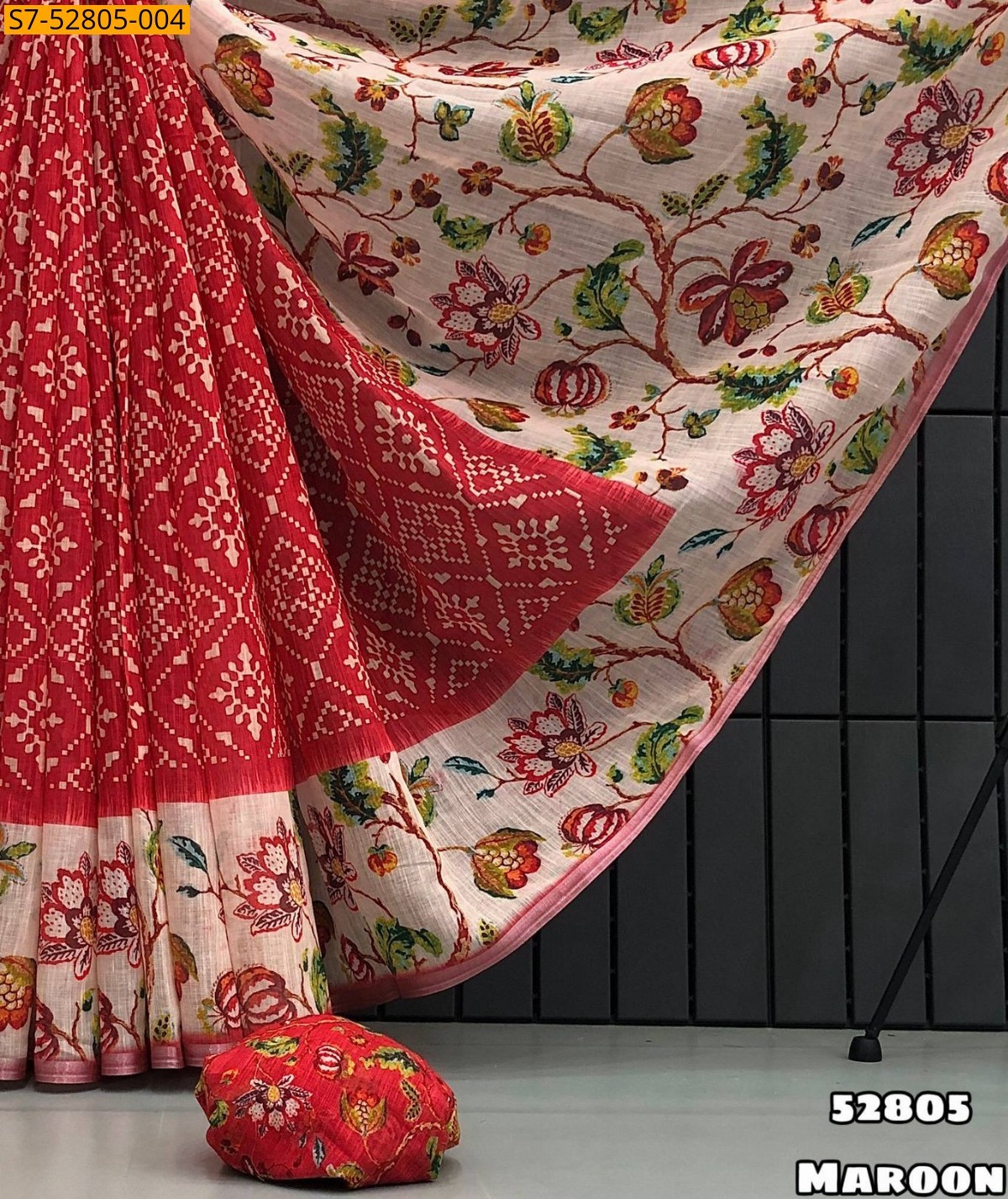 Maroon Fancy Soft linen patola design Saree