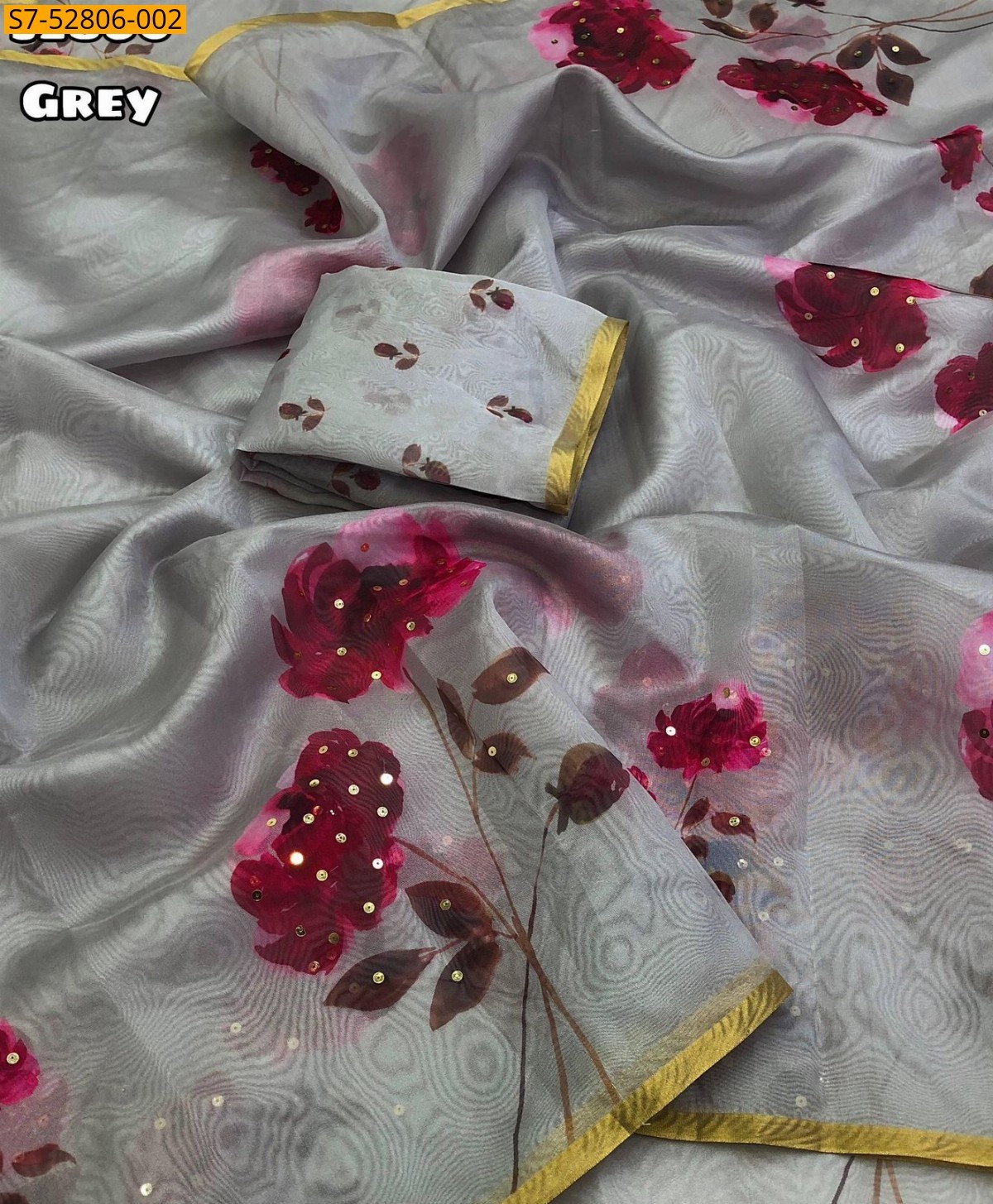 Grey Organza floral digital printed  Saree