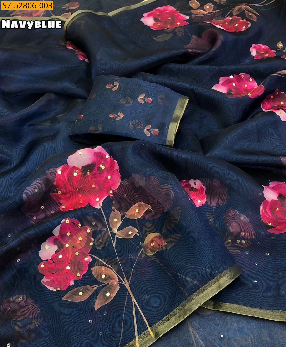 Navy Blue Organza floral digital printed  Saree