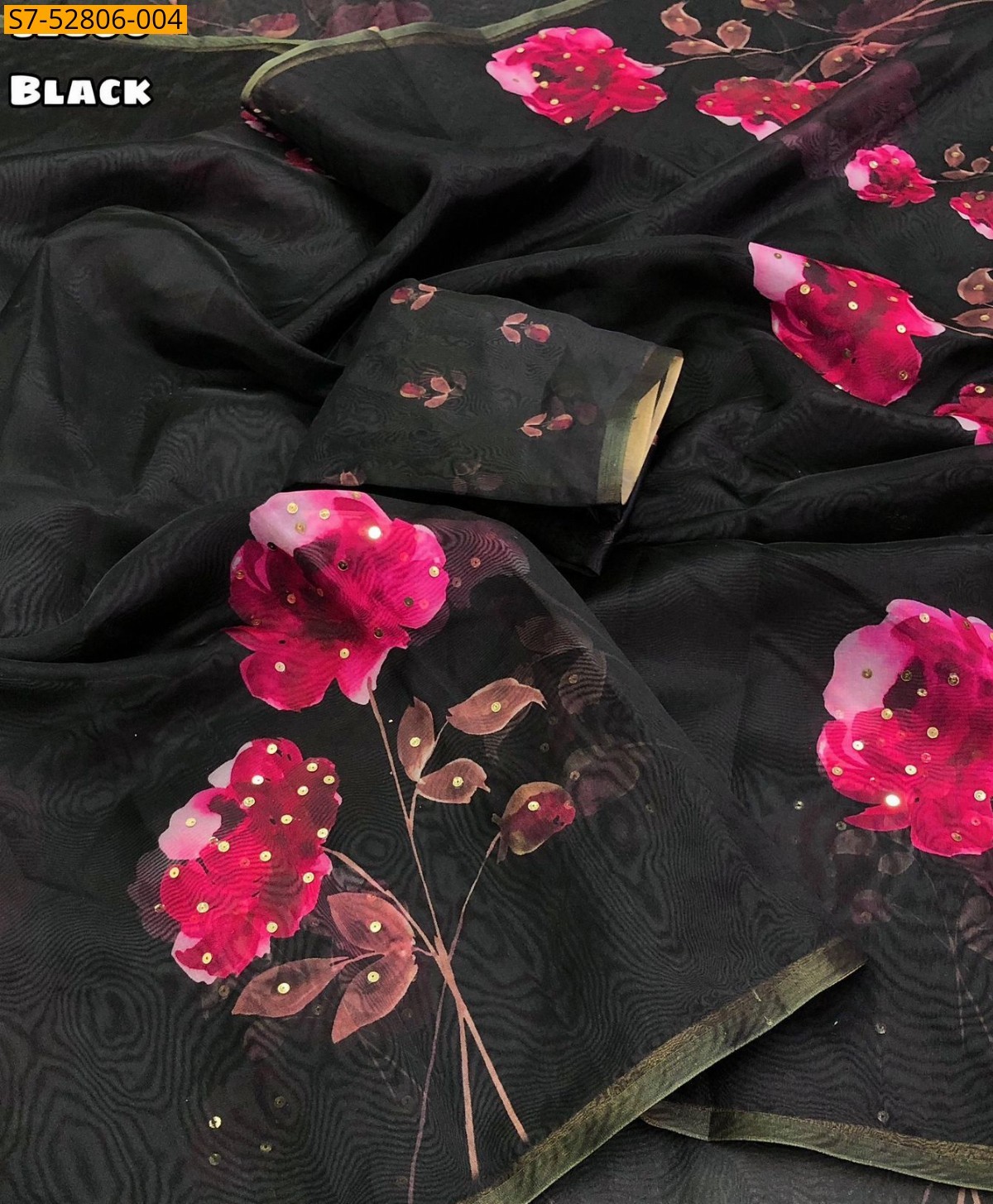 Black Organza floral digital printed  Saree