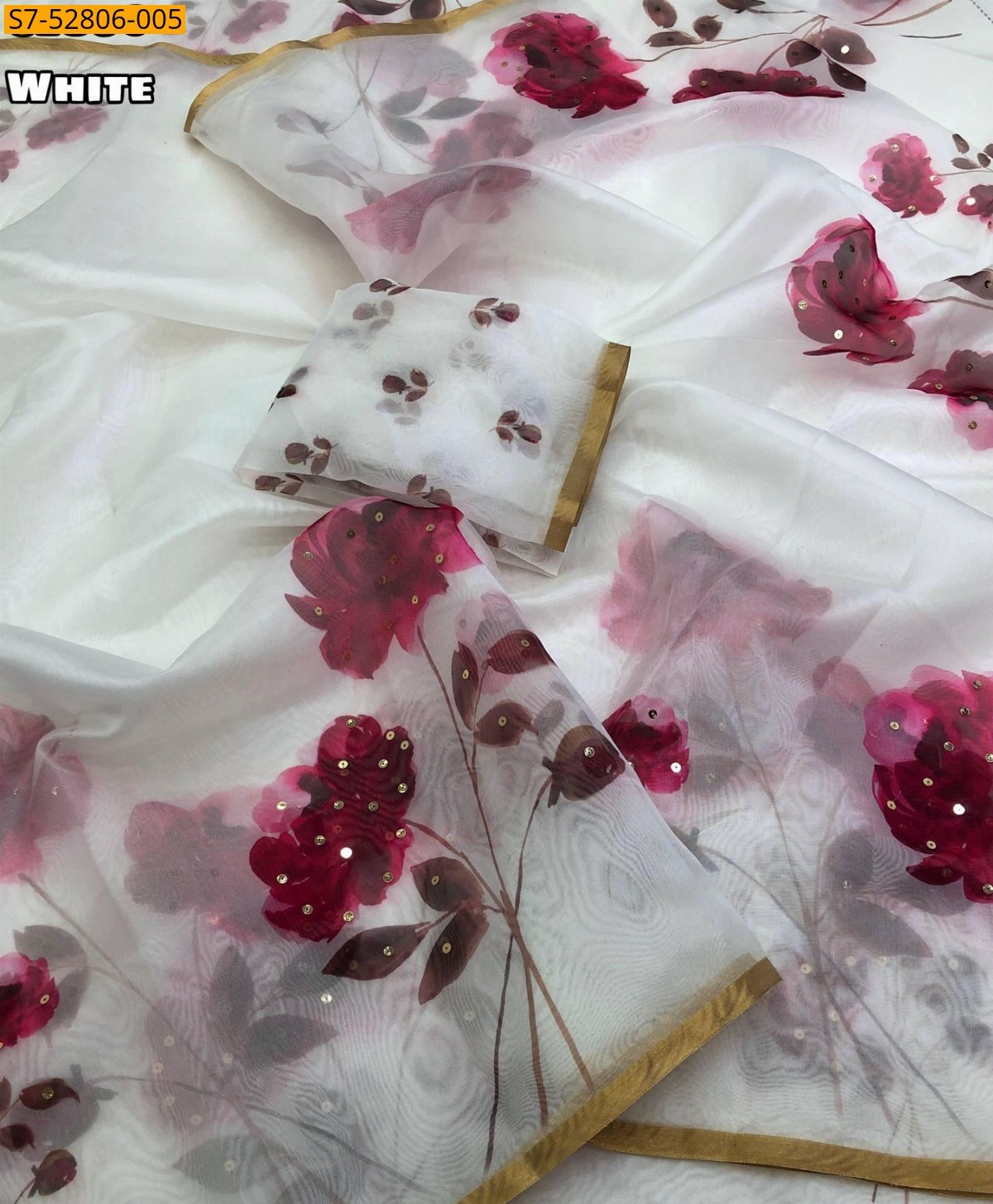 Organza floral digital printed  Saree - White