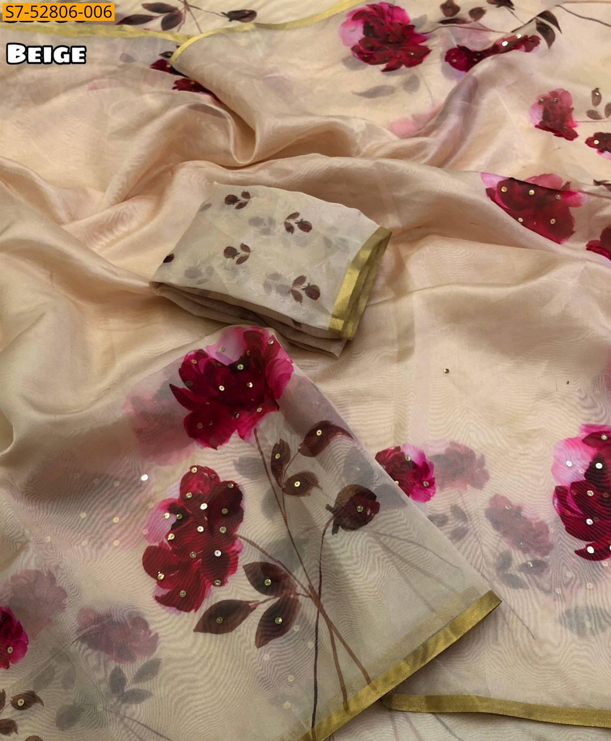 Beige Organza floral digital printed  Saree