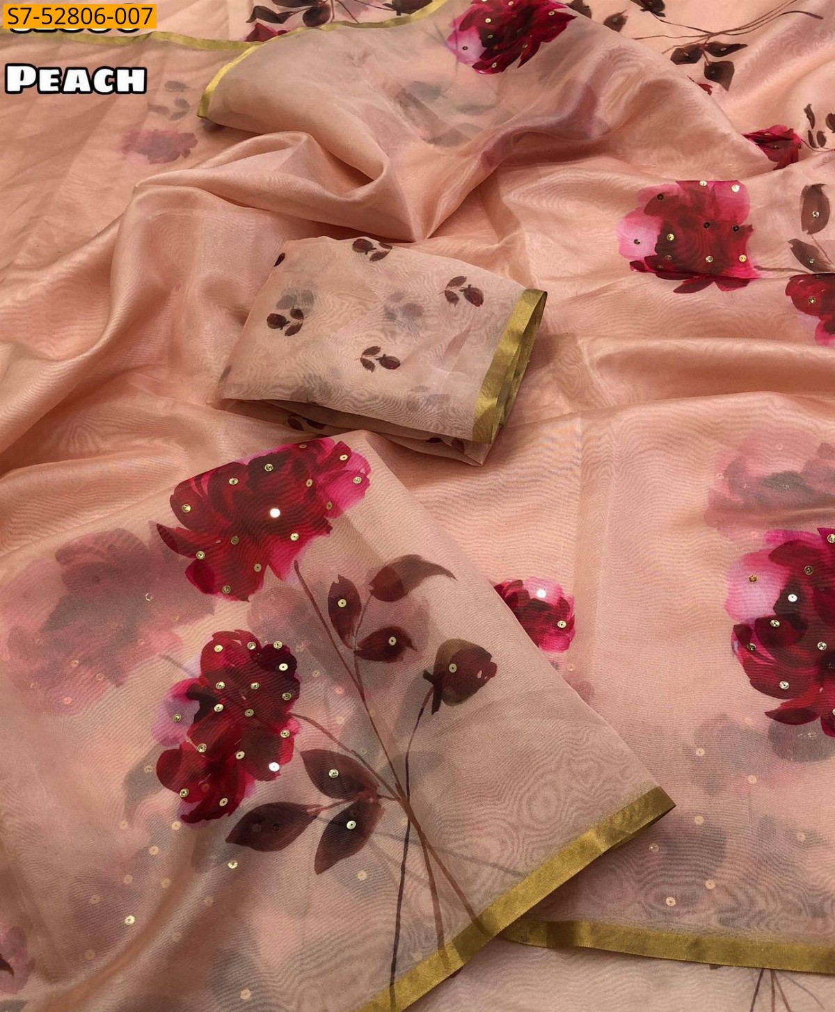 Peach Organza floral digital printed  Saree