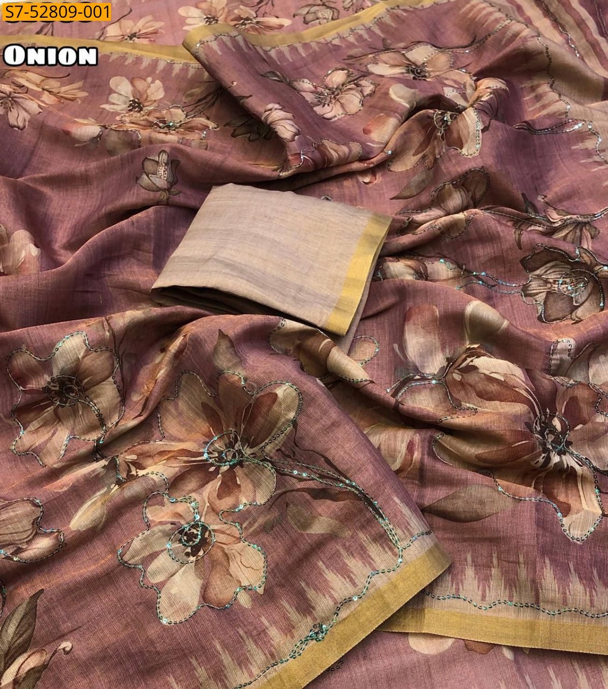 Onion Pink Fancy Erode Tissue Silk Printed saree