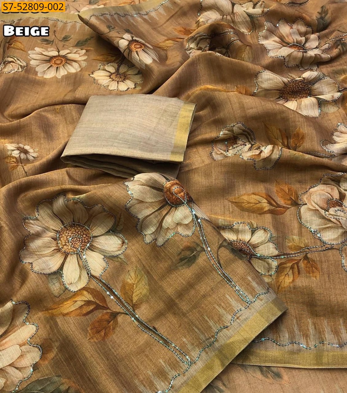 Beige Fancy Erode Tissue Silk Printed saree