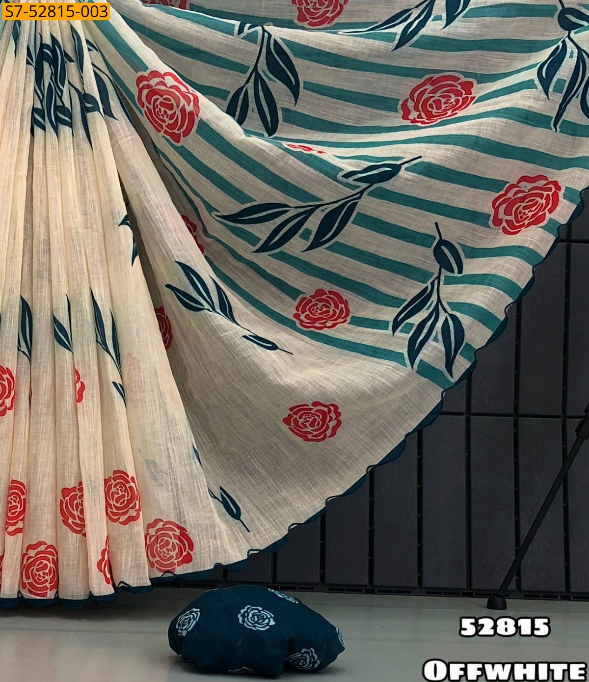 Half White Soft Linen  printed Saree