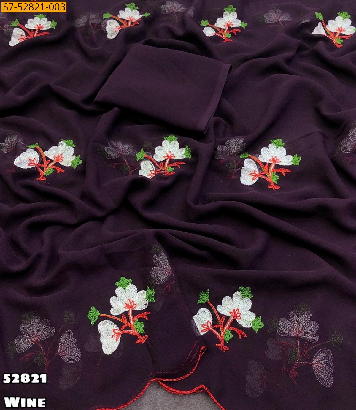 Wine Faux georgette embroidery saree