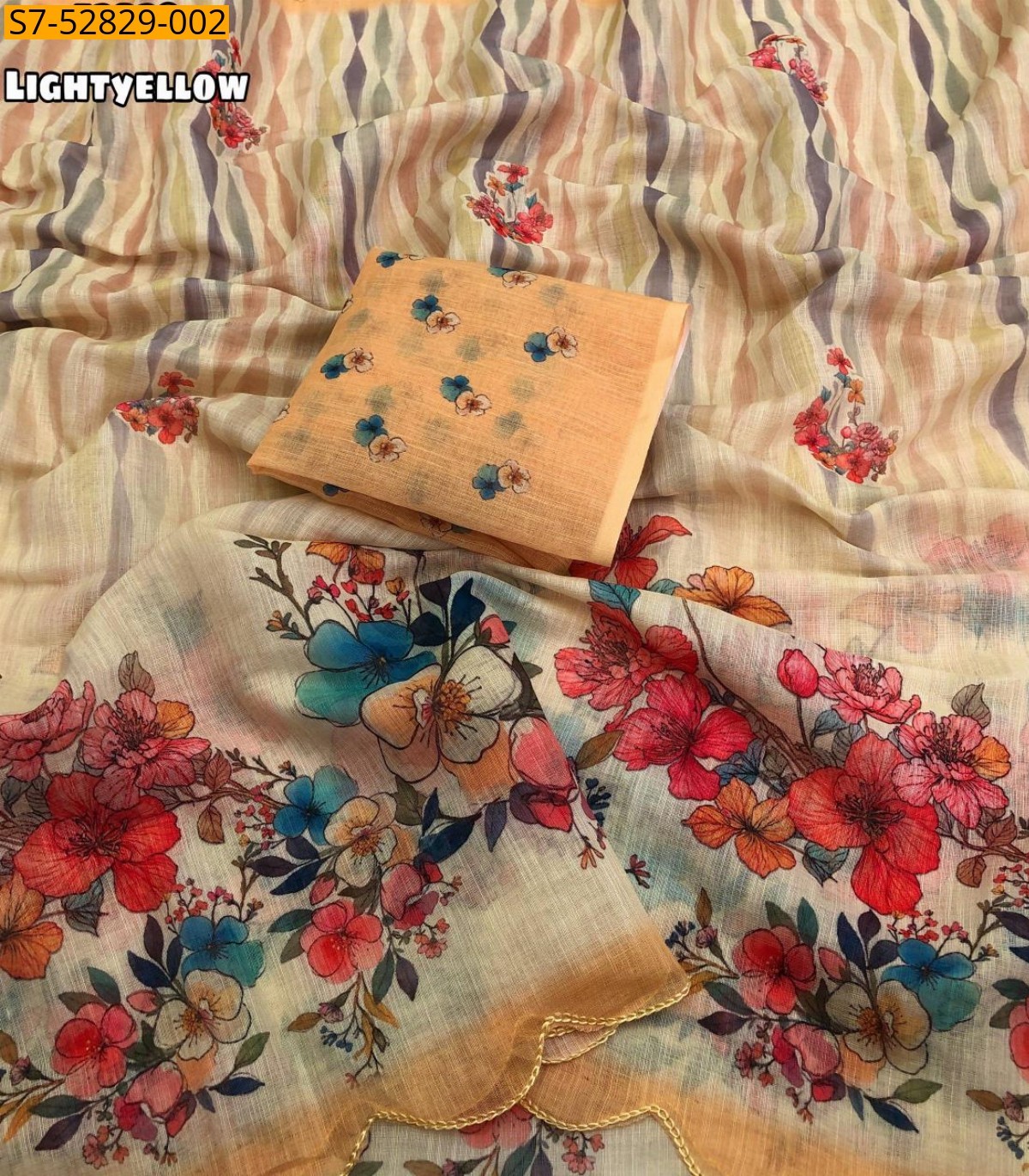 Light Yellow Fancy Linen printed sarees