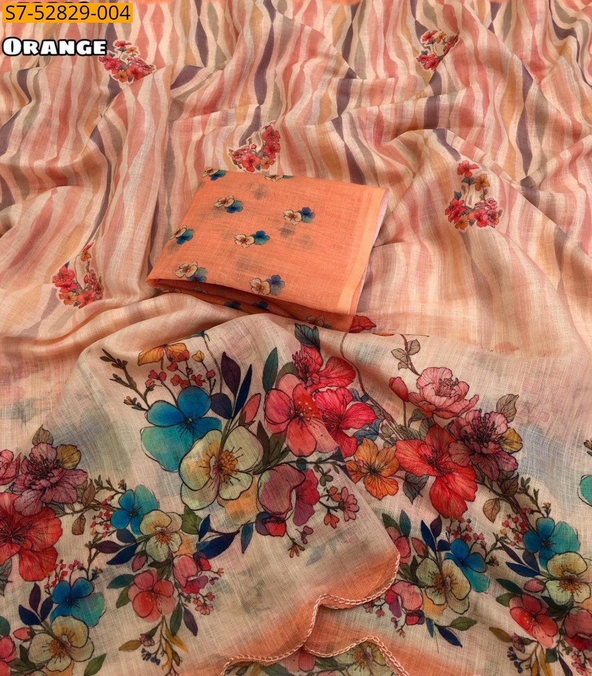 Orange Fancy Linen printed sarees