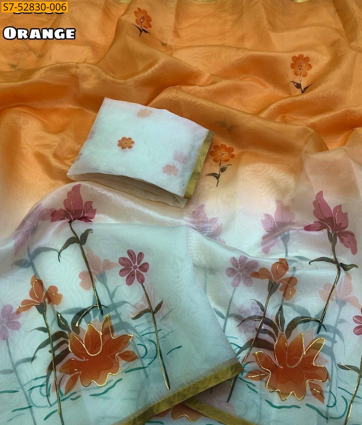 Orange Fancy Organza Sarees