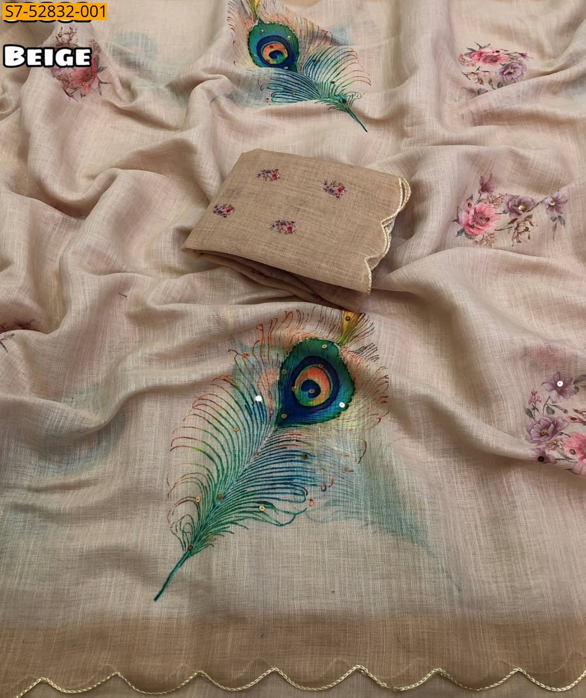 Beige Fancy Soft Linen Saree