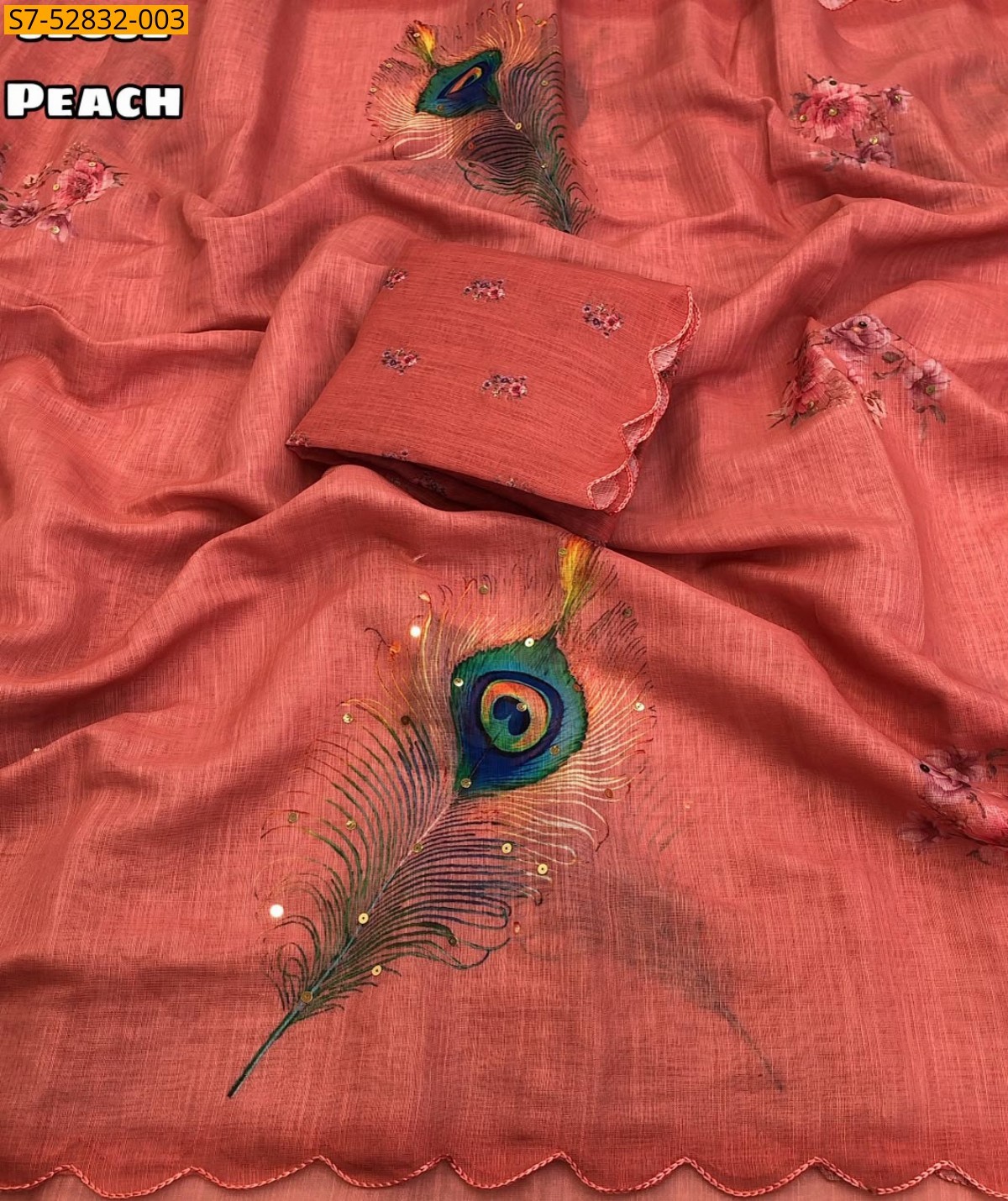 Peach Fancy Soft Linen Saree