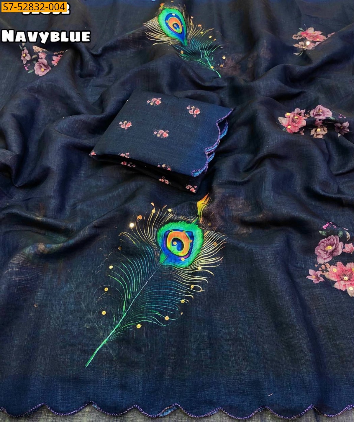 Navy Blue Fancy Soft Linen Saree