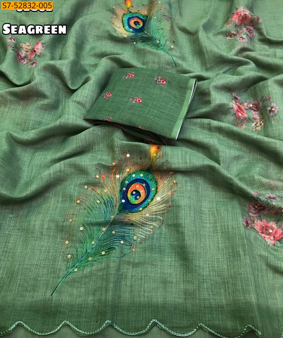 Sea Green Fancy Soft Linen Saree