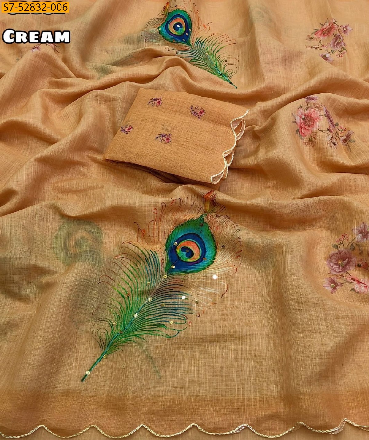 Cream Fancy Soft Linen Saree
